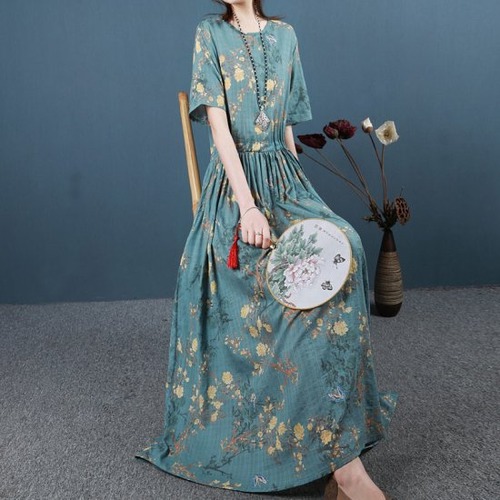 ロングワンピース レディース 外国風 ラウンドネック 花柄 レトロ ブルー レッド イエロー ロングスカート ロング丈 半袖 ルーズ エレガント 10代 20代 シンプル Aラインスカート