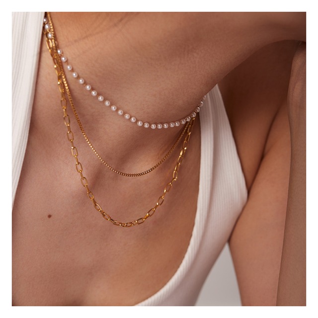 3連 Dot Perl Chain Necklace
