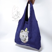 Jubilee 犬デザイン刺繡コーデュロイトートバッグ ネイビー