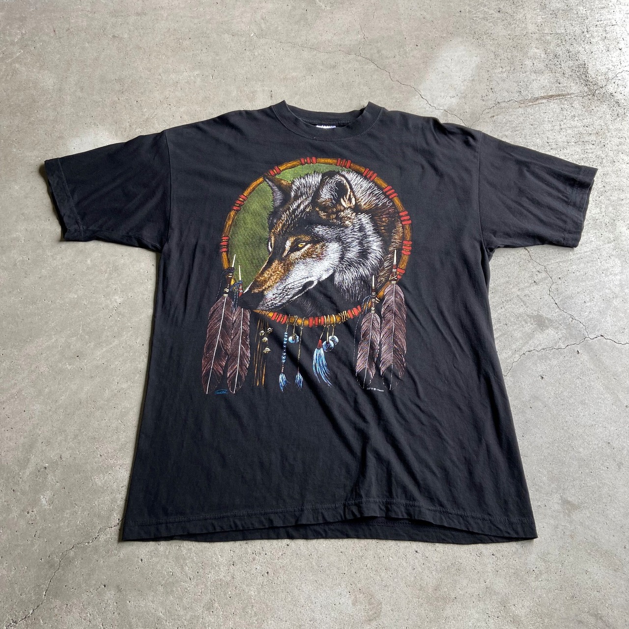 90年代 ネイティブ 狼 オオカミ アニマル プリント Tシャツ メンズL 