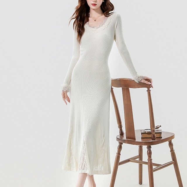 ワンピース 4色展開 レース エレガント ニット 長袖 ベージュ ブラック コーヒー色 ダークブルー S M L