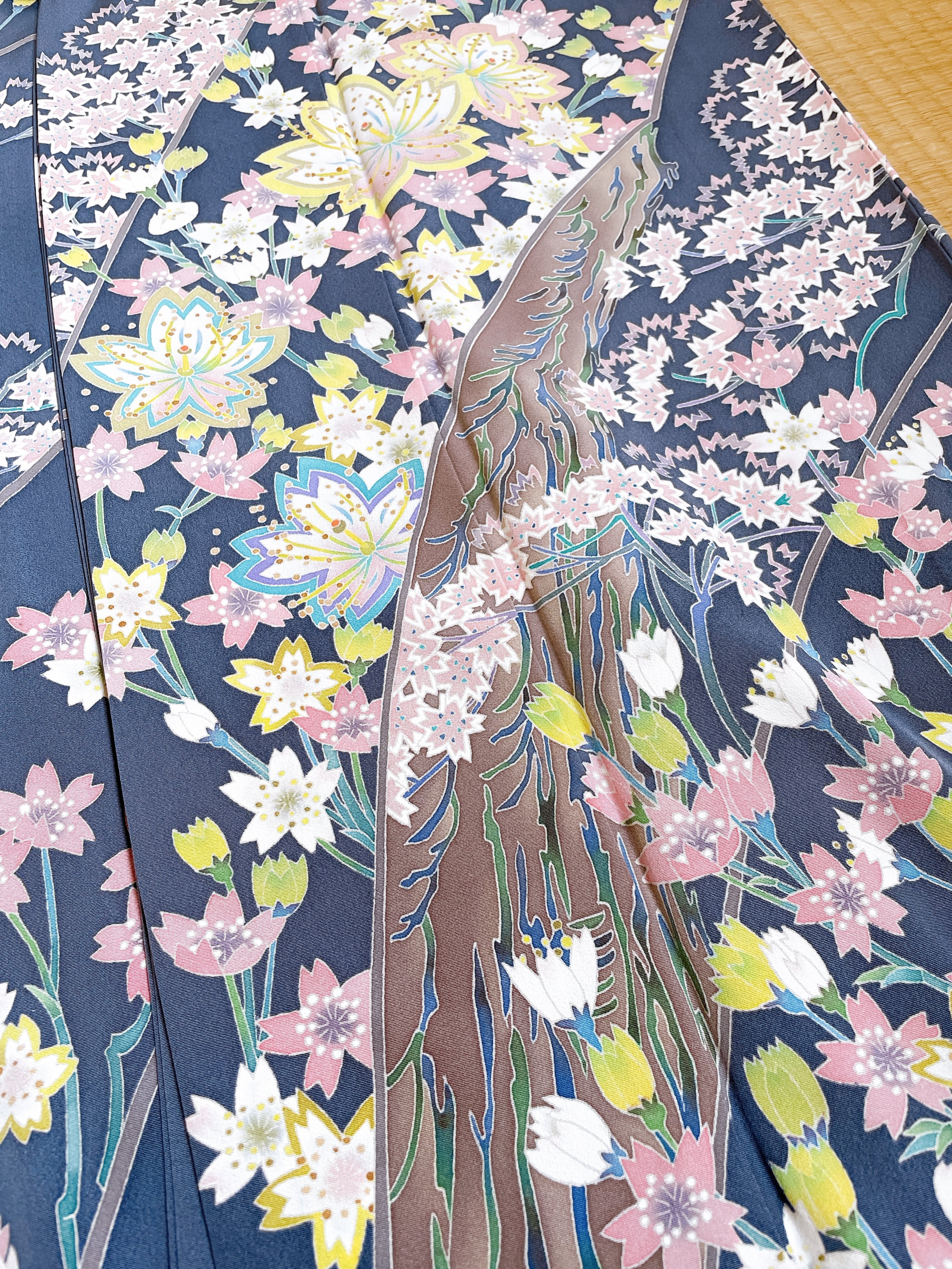 ロングサイズ】訪問着 グレー系 桜 カラフル 袋帯 ゴールド 鶴 | 着物  