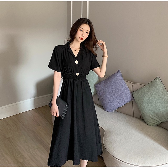 ここであなたが一番美しいです ラペル 快適である ワンピース 半袖 シンプル 韓国語版