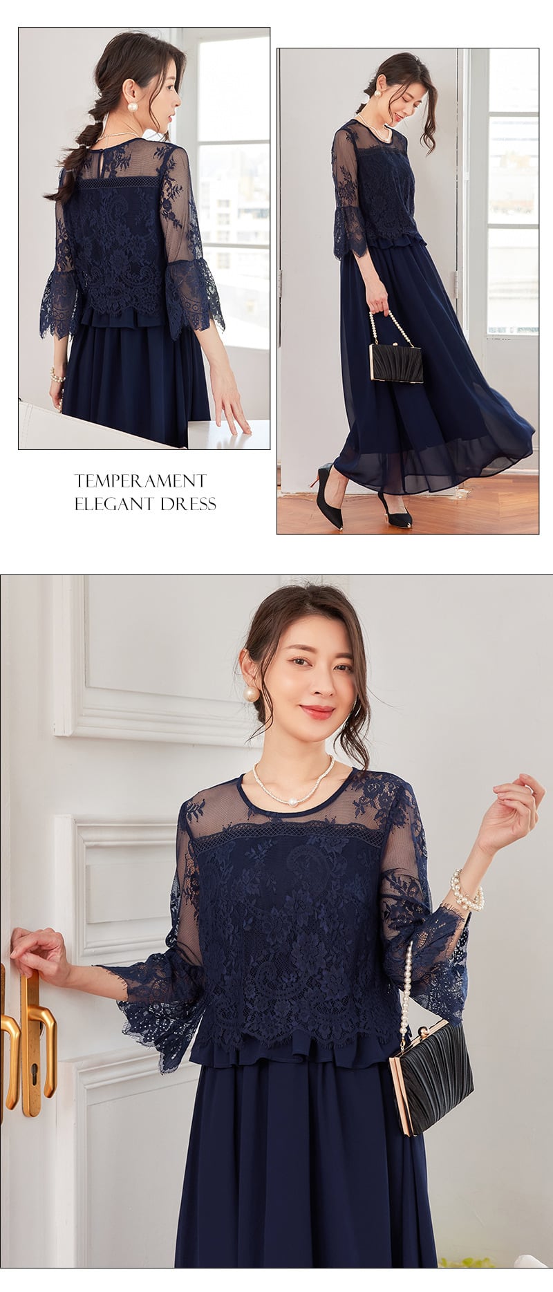 ドレス　結婚式　２点セット　大きいサイズ　ブラック　レース　3L 4L フリル Select Shop レーススリーブ胸元フリルロングドレス ブラック/3L｜結婚