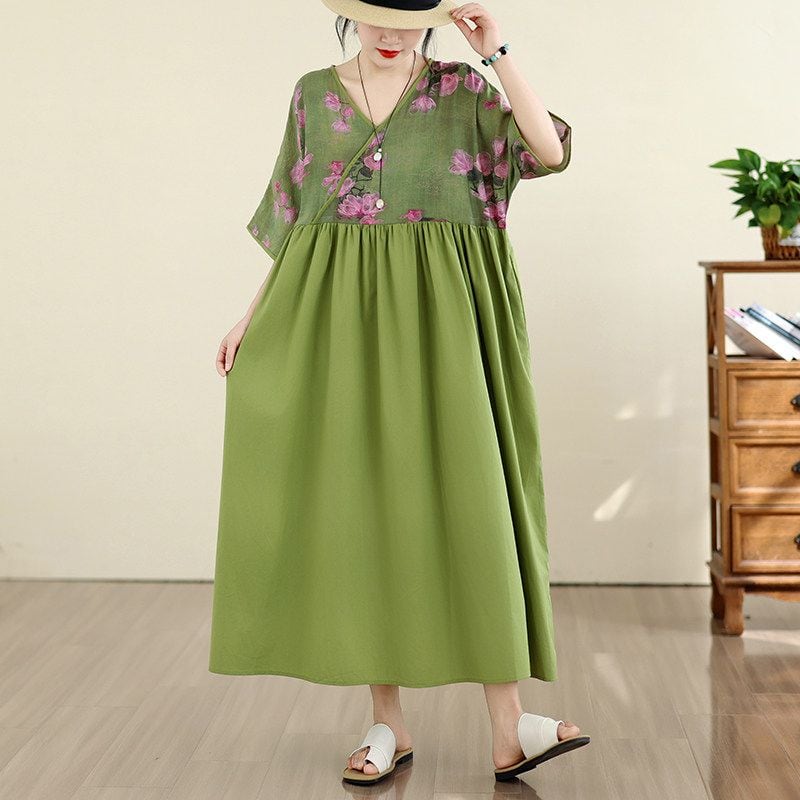 LINEN V-NECK FLORAL RELAXED PLEATED MAXI DRESS M-17674