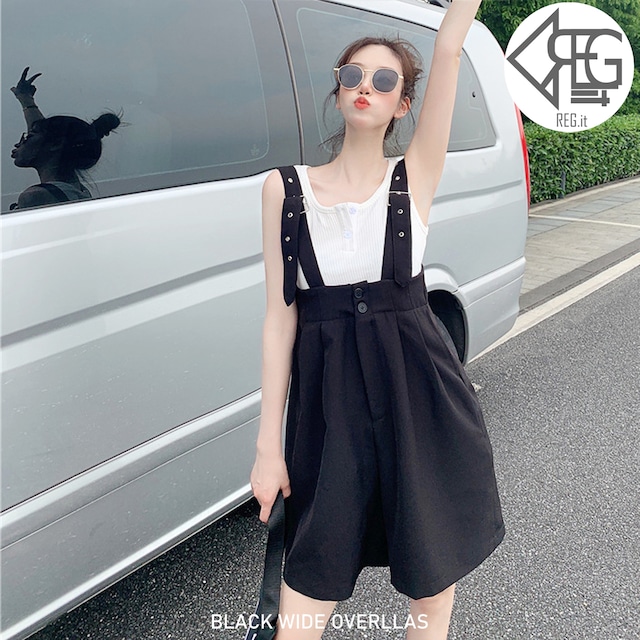 【REGIT】BLACK WIDE OVERLLAS S/S 韓国ファッション ボトム オーバーオール サスペンダー パンツ ハーフ ひざ上 ショート丈 個性的 10代 20代 プチプラ 着映え ネット通販 BHC008