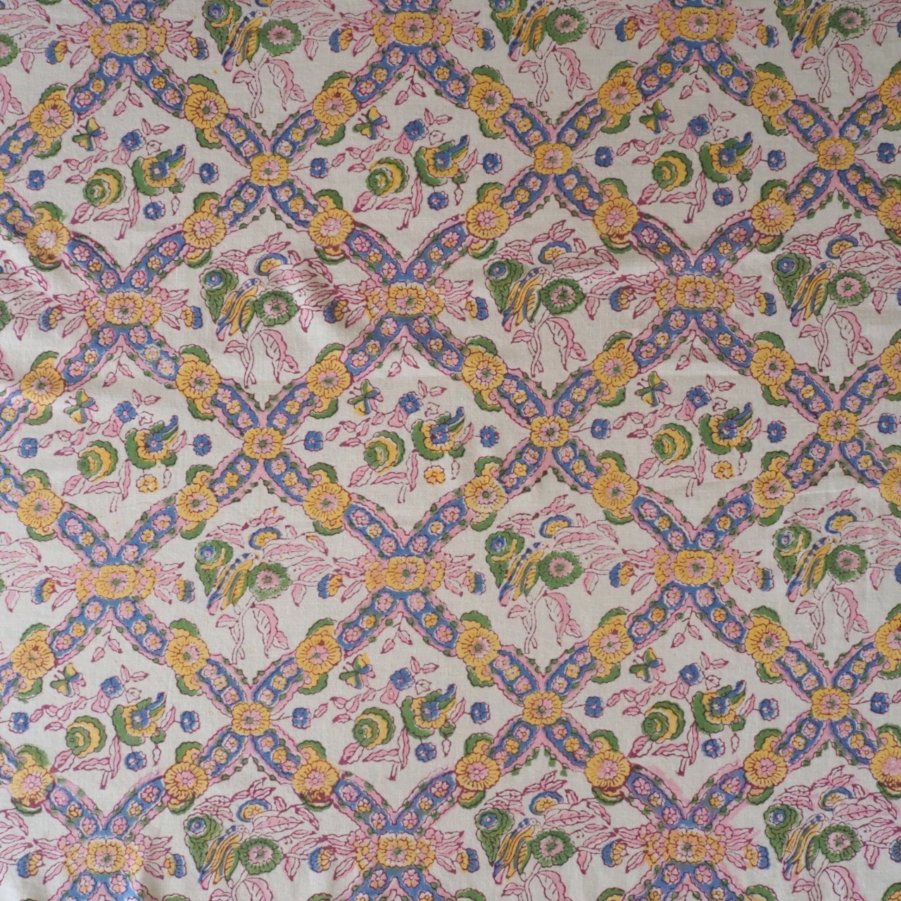 ブロックプリント生地【50cm単位】インド綿  ボタニカル柄 ホワイト #49710-WT1