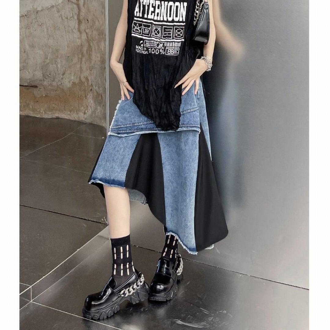 アシメントリーデニム切り替えロングスカート PT0217
