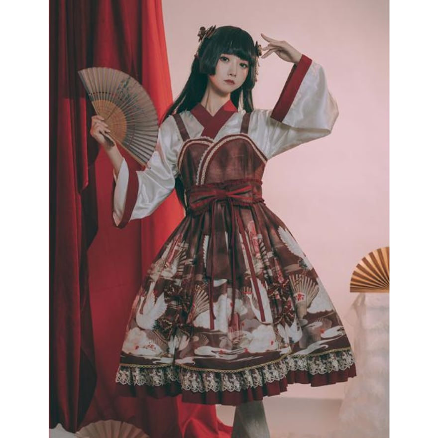 即納 黒Sサイズ】和ロリ 鶴と扇の和柄 ロリータ 着物風 JSK+羽織 豪華