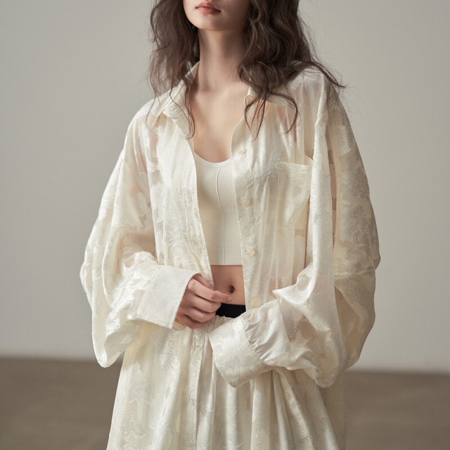 sheer jacquard loose blouse and long skirt　10896