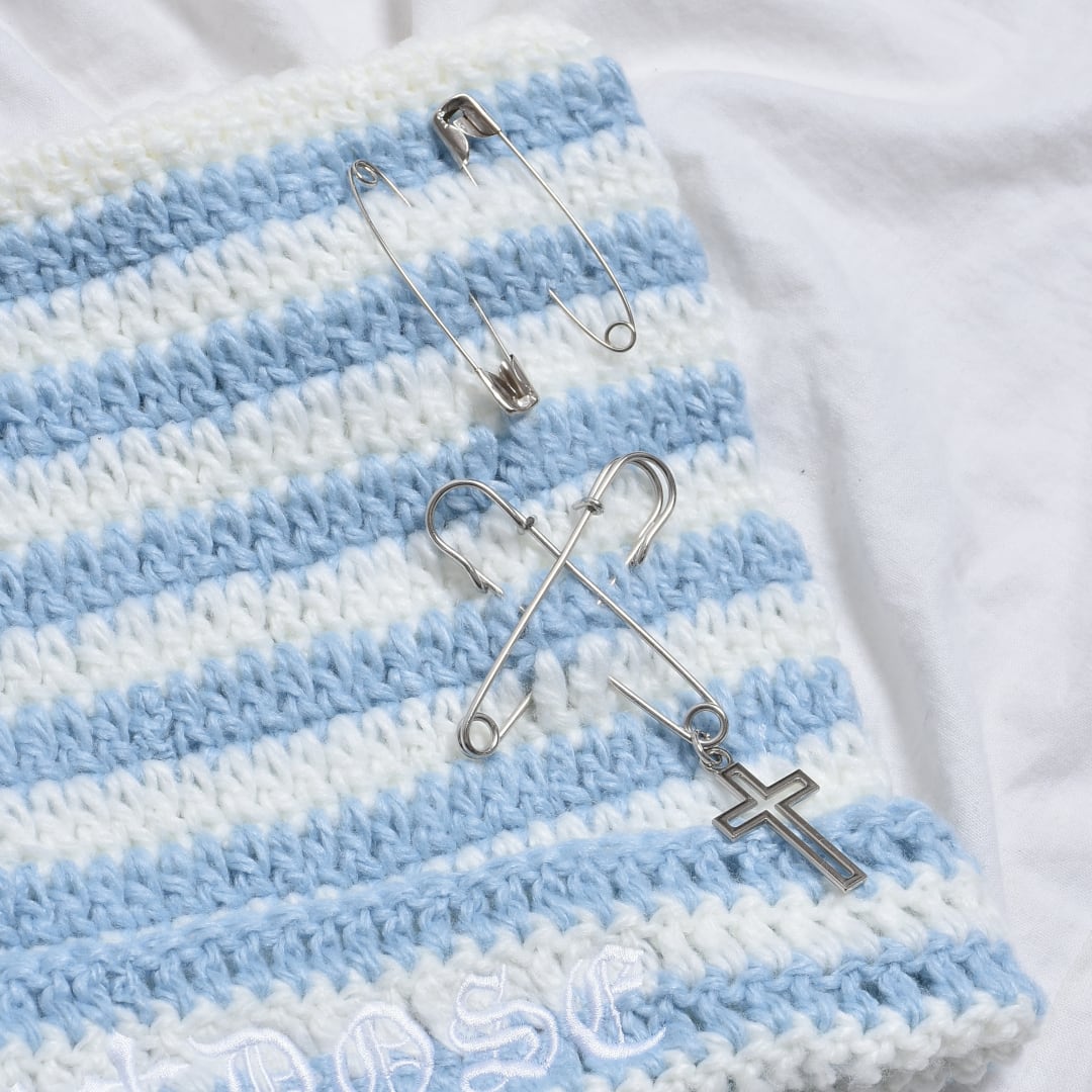 サブカルロゴ刺繍☆ボーダーネコ耳PINニット帽(WHITE/BLUE