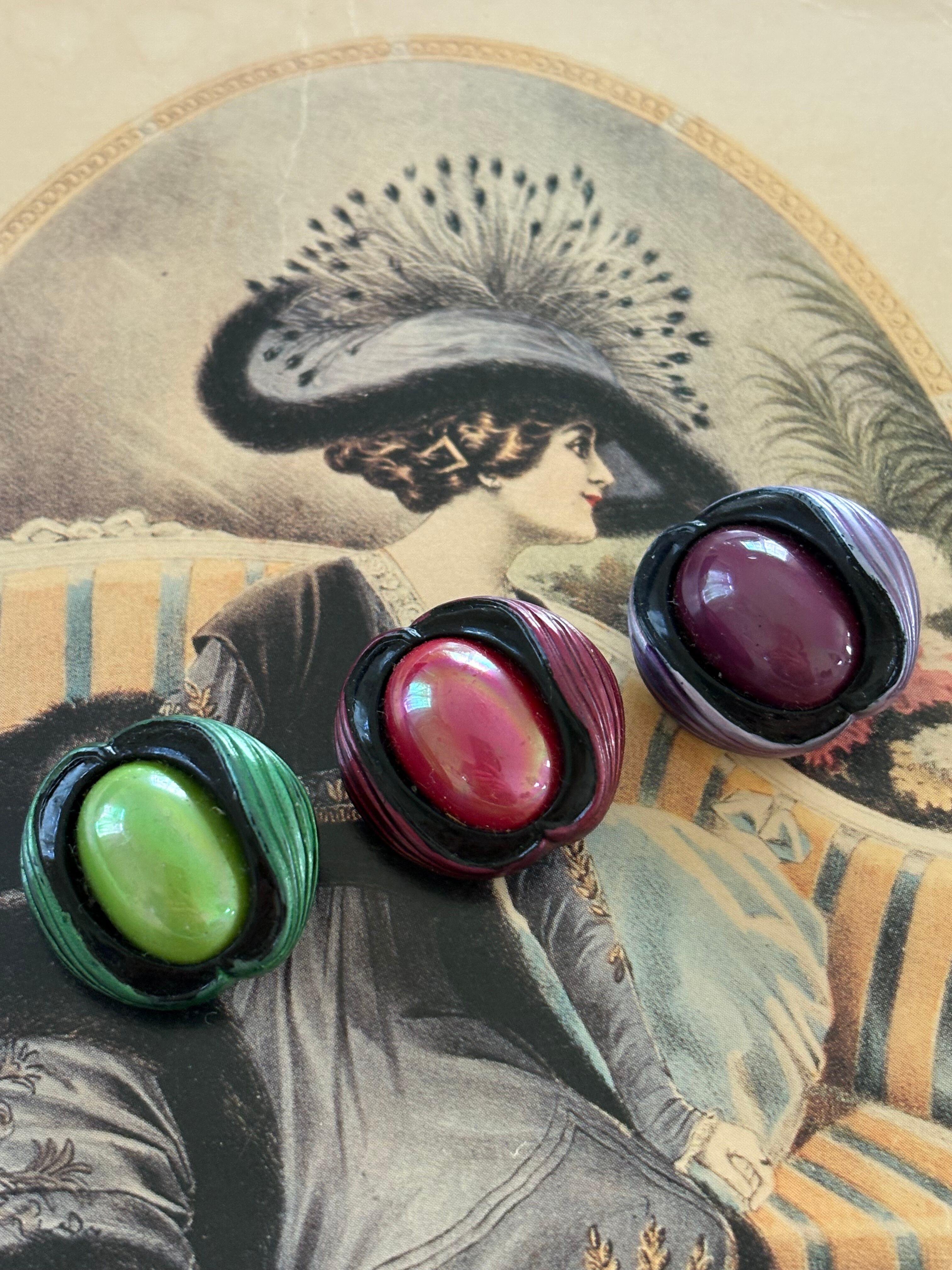 Japanese Vintage ヴィンテージボタン カボション イエローグリーン/レッド/パープル 23mm レトロボタン アクセサリーパーツ 装飾材