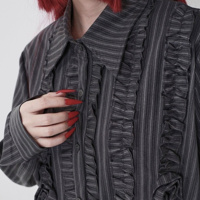 Striped ruffle shirt one-piece C1591