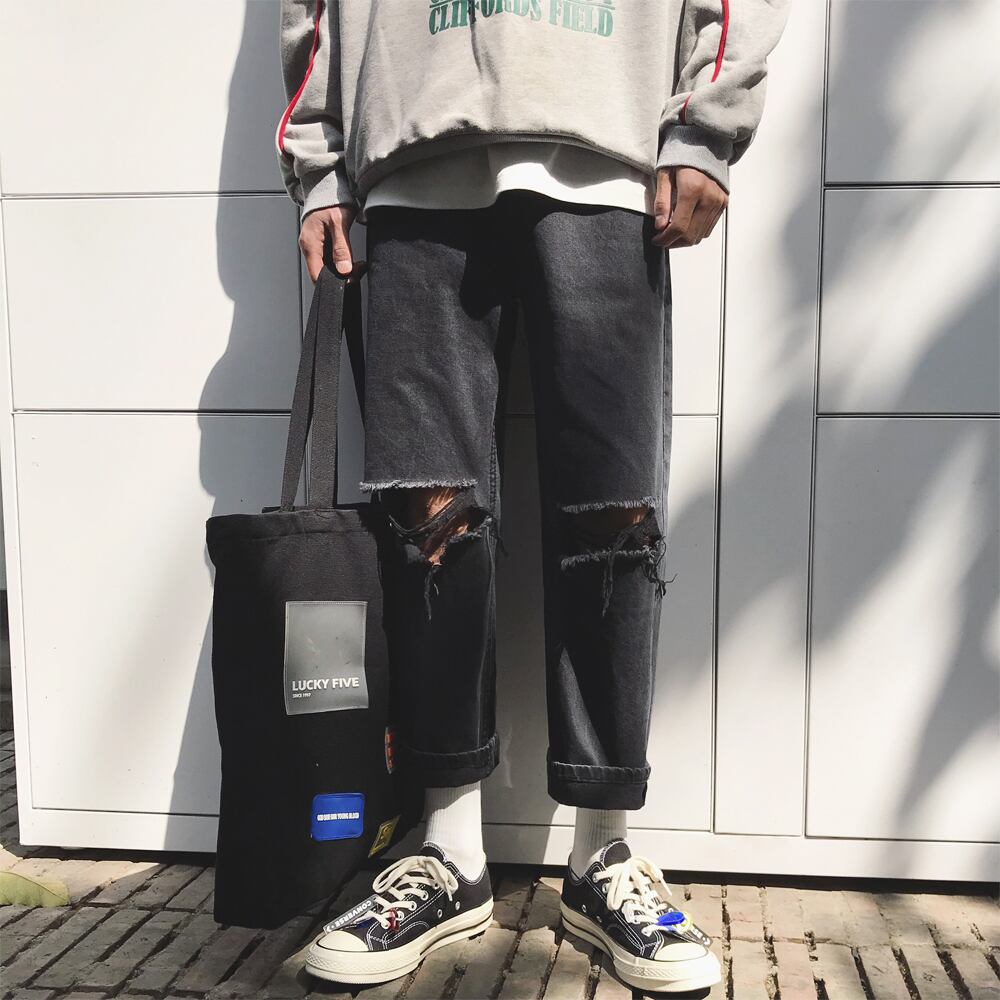 全2色 デニム パンツ ストレート カジュアル ダメージ 無地