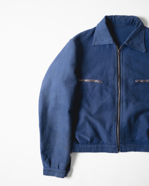 [1940-50s] "French Vintage" Faded Blue Moleskin Cyclist Jacket