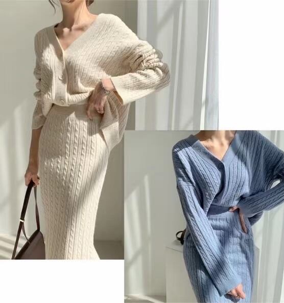 Vネックカーデ＋タイトスカート　ニットセットアップ　AJ4Z4039-3102