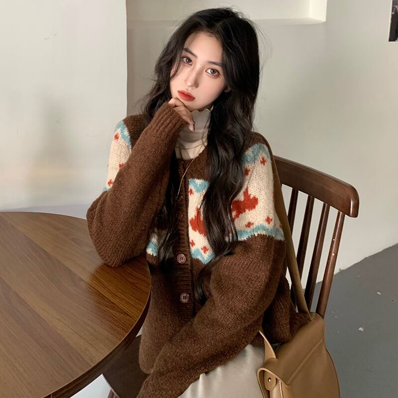 セーター スタンダードジャカードルーズニットトップス カーディガンジャケット レトロ オータム 秋物 ウィンター 冬物 ブラックストロベリース12200433914