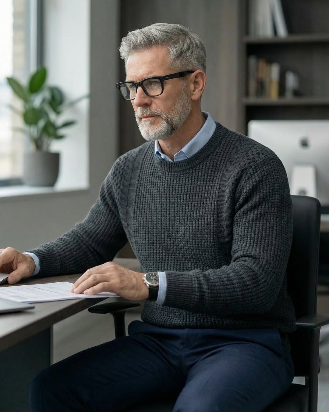 立体編み切替 クルーネックニット 3色 A0169