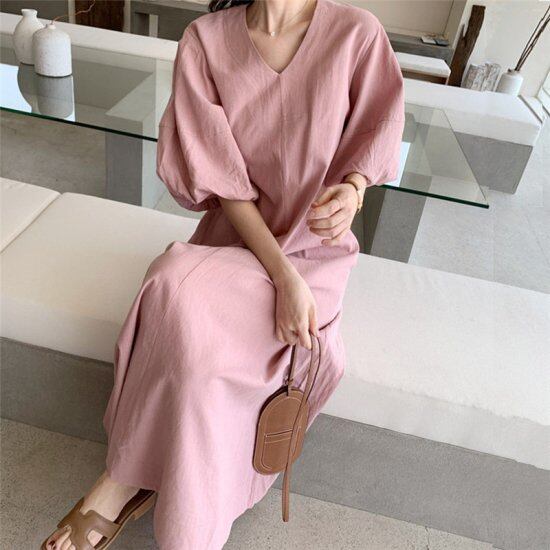 ワンピース レディース リネン カジュアル コットン Vネック 綿 麻