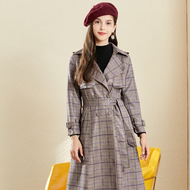 【予約販売】コート レディース 秋 冬 ミドル丈 S,M チェック カジュアル トレンチコート ブリティッシュスタイル 長袖 ベルト付き