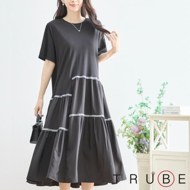 ティアードワンピース ラインアクセント アシンメトリー N82-303 TRUBE M L フリー 大人可愛い ミセス fmsd キレイメ 普段着 おしゃれ着 デイリーファッション 大人スタイル 婦人服 可愛い服 30代 40代 50代 60代 洋服 レディース