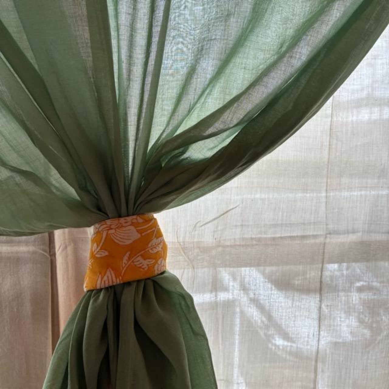 India Cotton voile double curtains Turquoise100×130cm　インド　コットンボイルダブルカーテン　ターコイズ　腰高窓カーテン　レースカーテン　ブルー