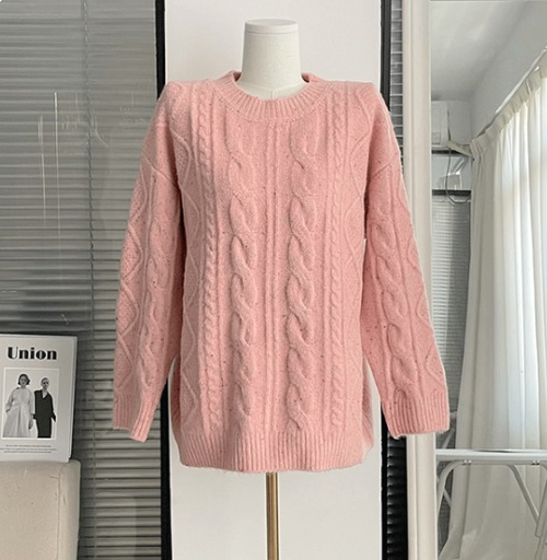 ニットトップス レディース セーター ニット トップス 長袖 プルオーバー ケーブル編み ゆったり ルーズシルエット カジュアル お出掛け 秋冬 ピンク 可愛い キュート ラウンドネック セーター