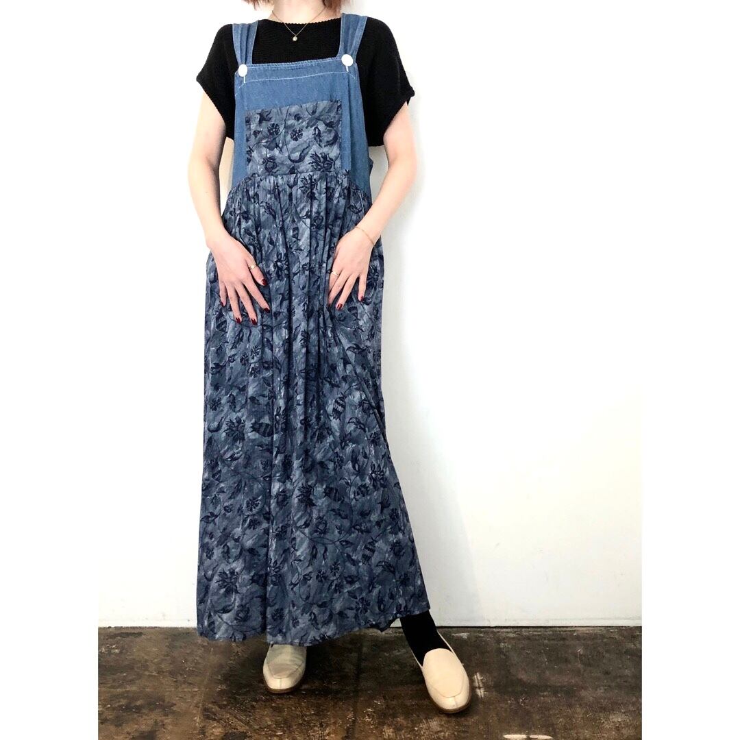 Vintage Chambray Floral Rayon Jumper Dress / フラワーレーヨン