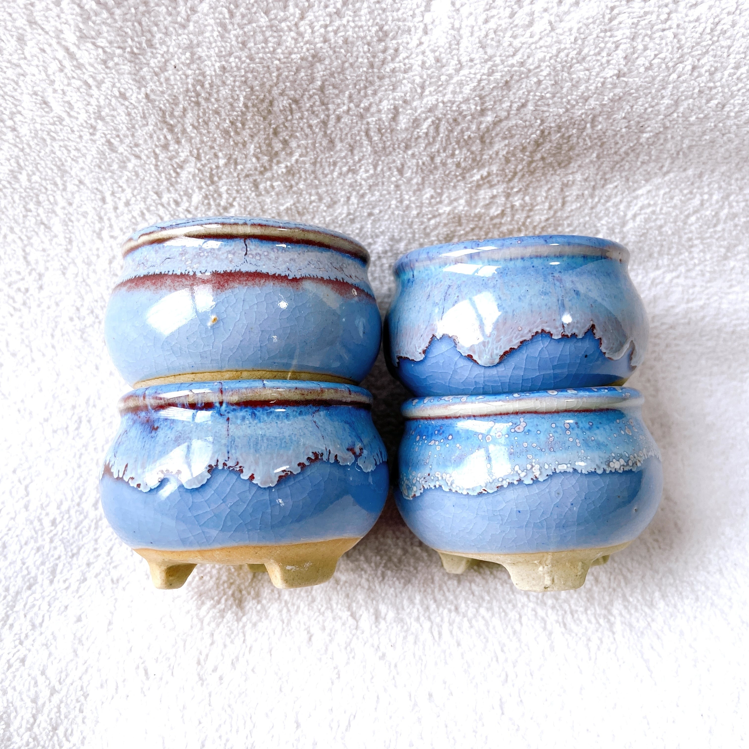 【美品】長方形 陶器 茶色と青のグラデーション　工芸品　陶芸　植木鉢　豆盆栽 盆栽鉢 長方形 陶器 植木鉢 長角マドリ生子 L＜ 25cm x 20cm 8号 底穴