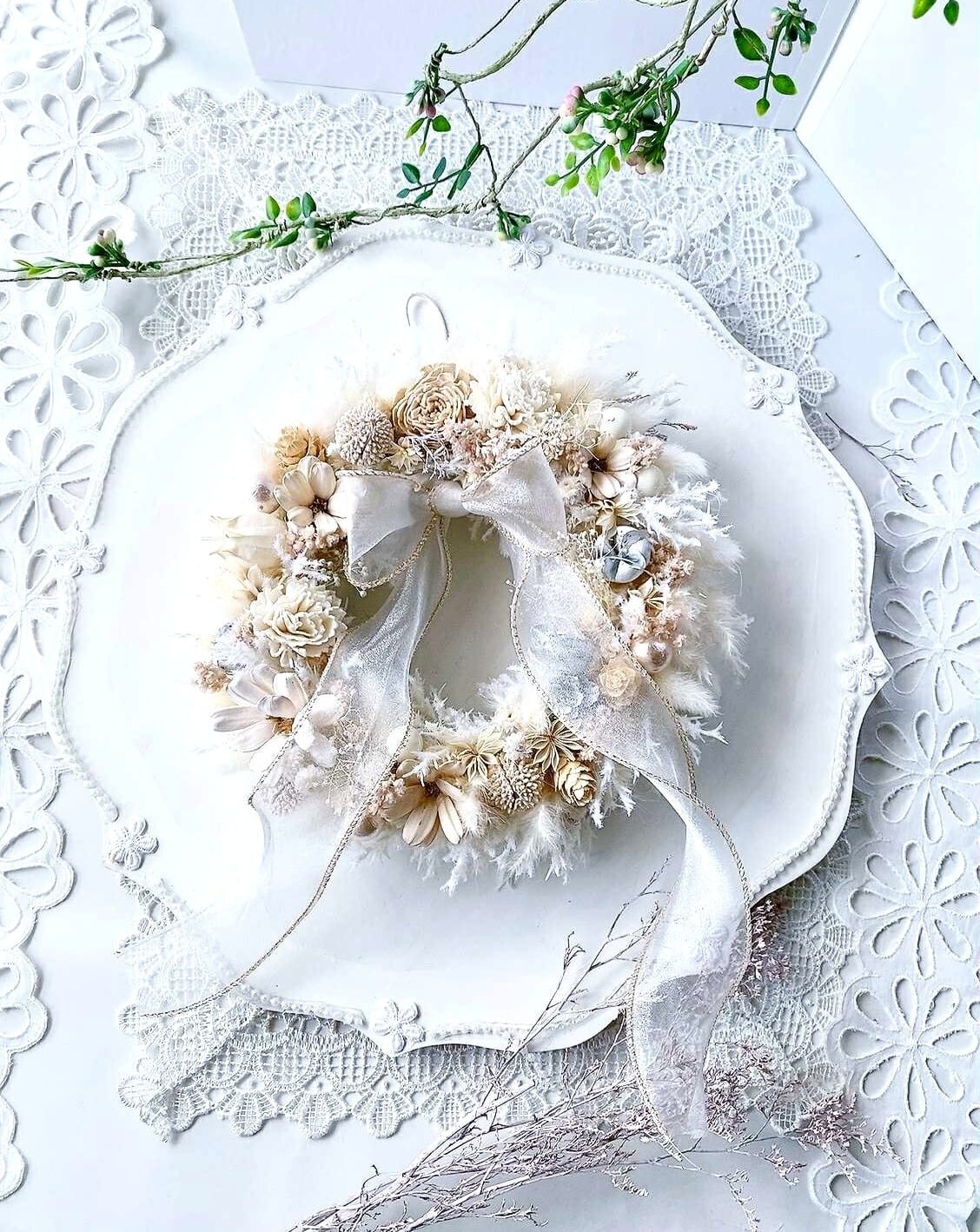 【WR-002】【ふんわり優しいホワイトリース】アイボリー×ドライフラワー/壁掛け/インテリア/贈り物におすすめ