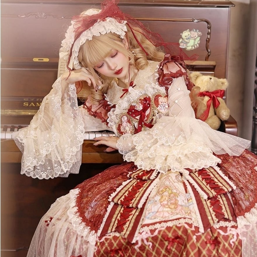 ゴスロリ クラシカルレース編み上げ JSK ドレス 黒 赤 ピンク 3色展開