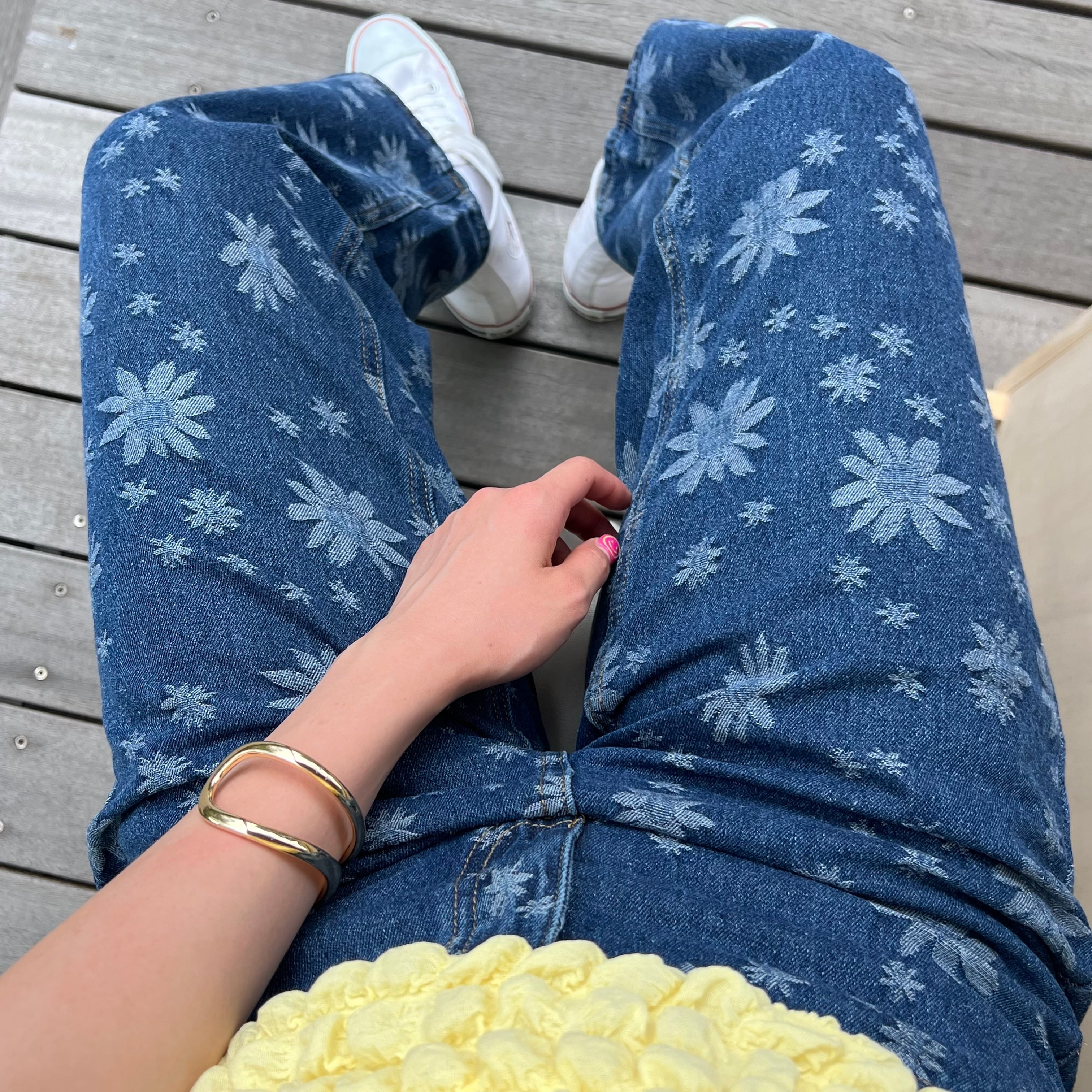 flower stitch high-waist denim pants_LN0281