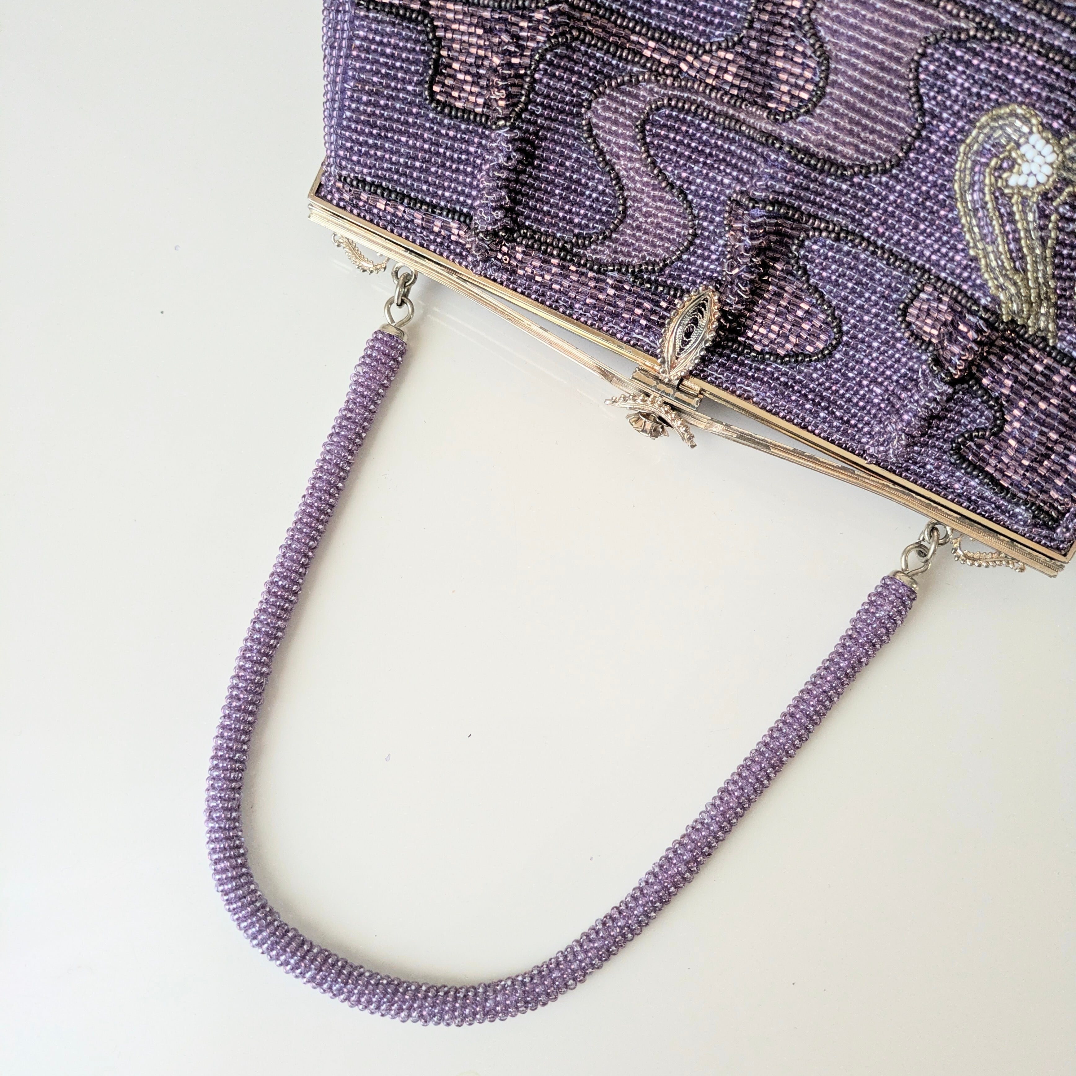 Vintage】ビーズ刺繍バッグ 藤色 流水文 パーティーバッグ クラッチ