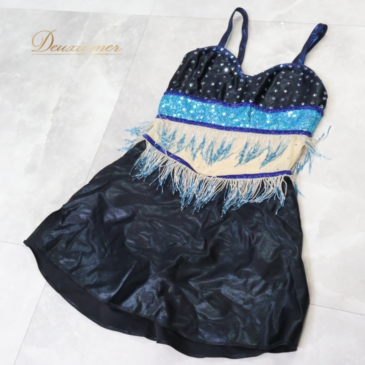 新体操 衣装 ワンピース レオタード ブラック系 ブルー系 ゴールド系 黒 青 水色 金 フリンジ 本番 キャミソール 体操 新体操 バトン 競技用 スポーツ フォーマル 新体操衣装 女性用 バトン演技 ダンス衣装 ステージ衣装 パフォーマンス用