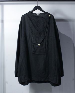【Caka BLACK】80's Embroidery Design Vintage Loose Linen Pullover Shirt