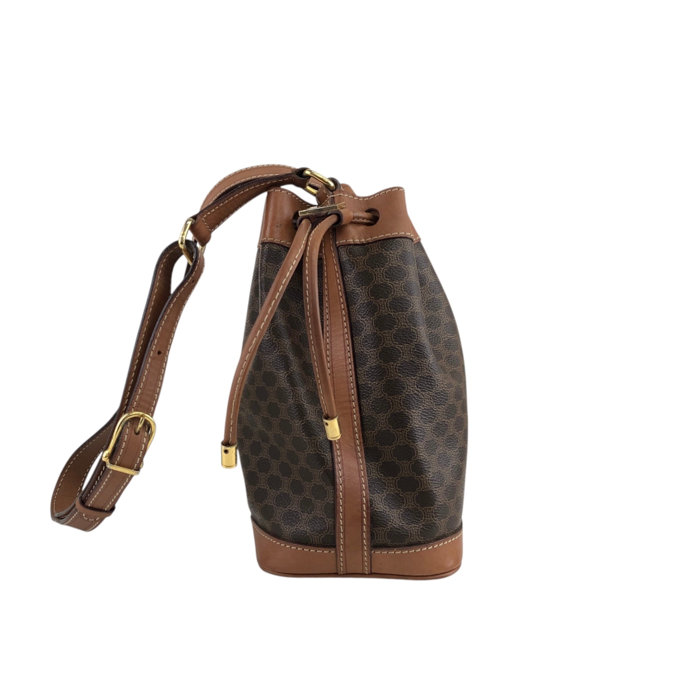 【美品】セリーヌ　マカダム　ショルダーバッグ　巾着　PVC　レザー　ブラウン CELINE セリーヌ マカダム ショルダーバッグ ブラウン ブラゾン型押し