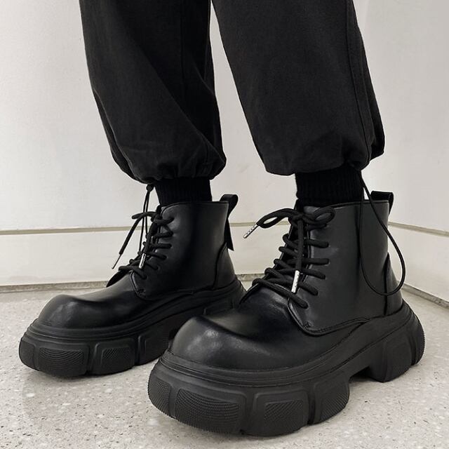 【予約販売】ブーツ メンズ スクエアトゥ 編み上げ レースアップ ビッグシルエット ハイカット ゴツ底 厚底 靴 ブラック 黒 お洒落 韓国 トレンド カジュアル 24cm/24.5cm/25cm/25.5cm/26cm/26.5cm/27cm