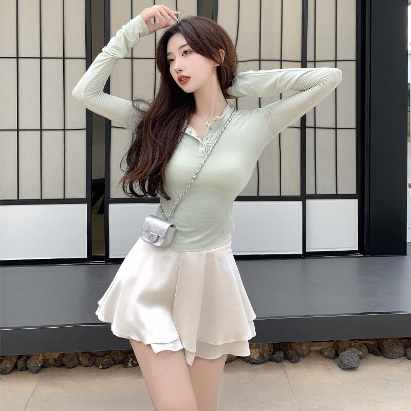 オータムVネックTシャツ ハイウェストウェストAラインスカート ロング 秋物 ハンチェンe77267347053