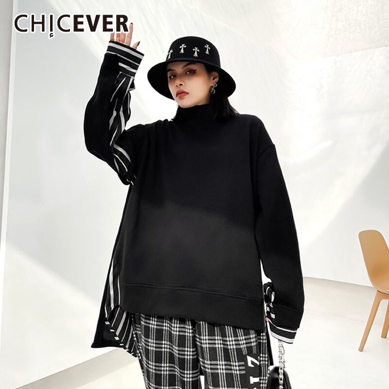 CHICEVERストライプスウェットシャツ女性スタンドカラー長袖パッチワークヒットカラールーズオーバーサイズプルオーバー2021 ロング 6base569163786732