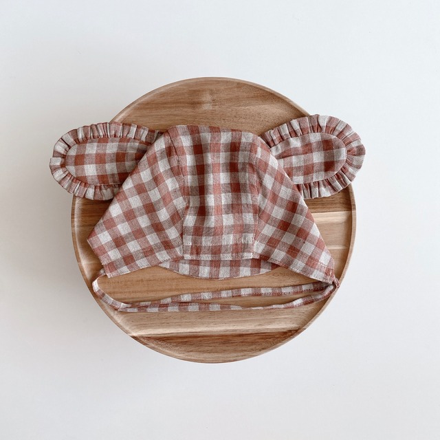 PUPPY MOCHA GINGHAM｜タイプ：Bonnet / ツバ：Straight / 耳：Neutral