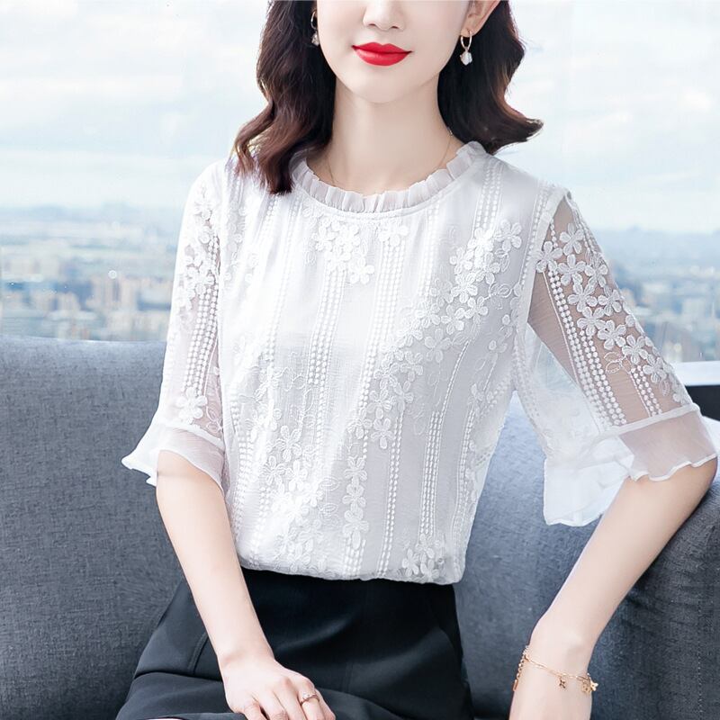 初回送料無料 夏レディースファッション カジュアル 半袖tシャツ シフォン レース トップス