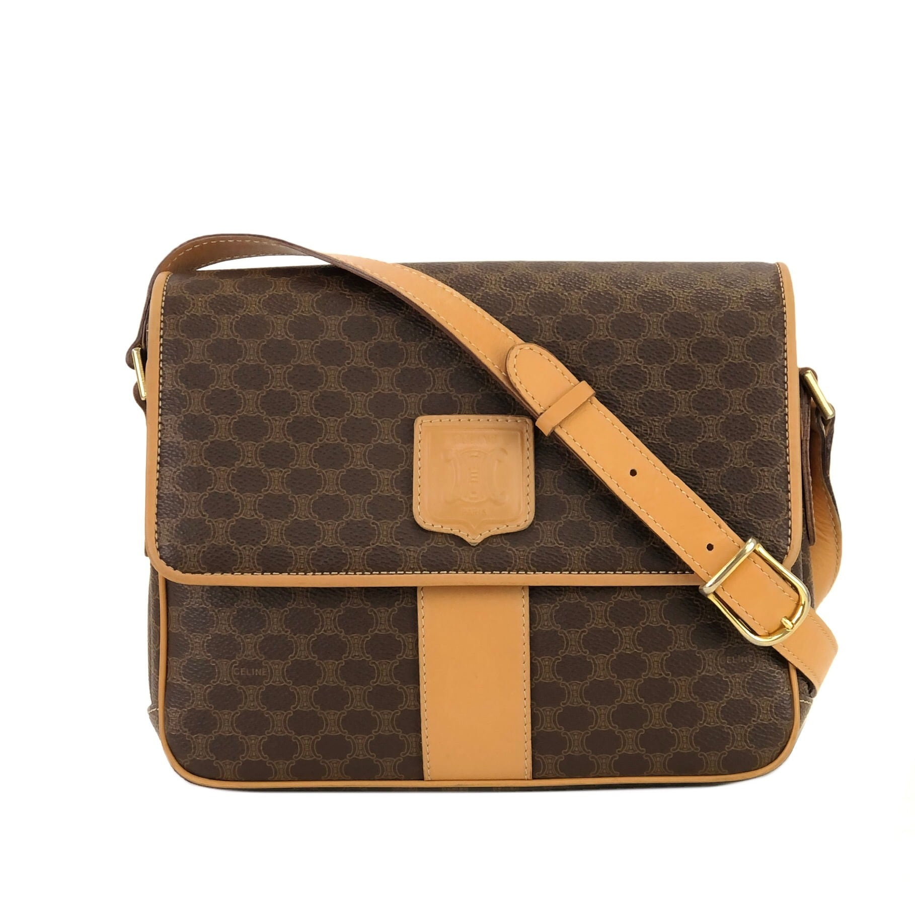 70's仏！型押し！ブラウンショルダー CELINE セリーヌ マカダム ブラゾン型押し PVC×レザー フロントライン
