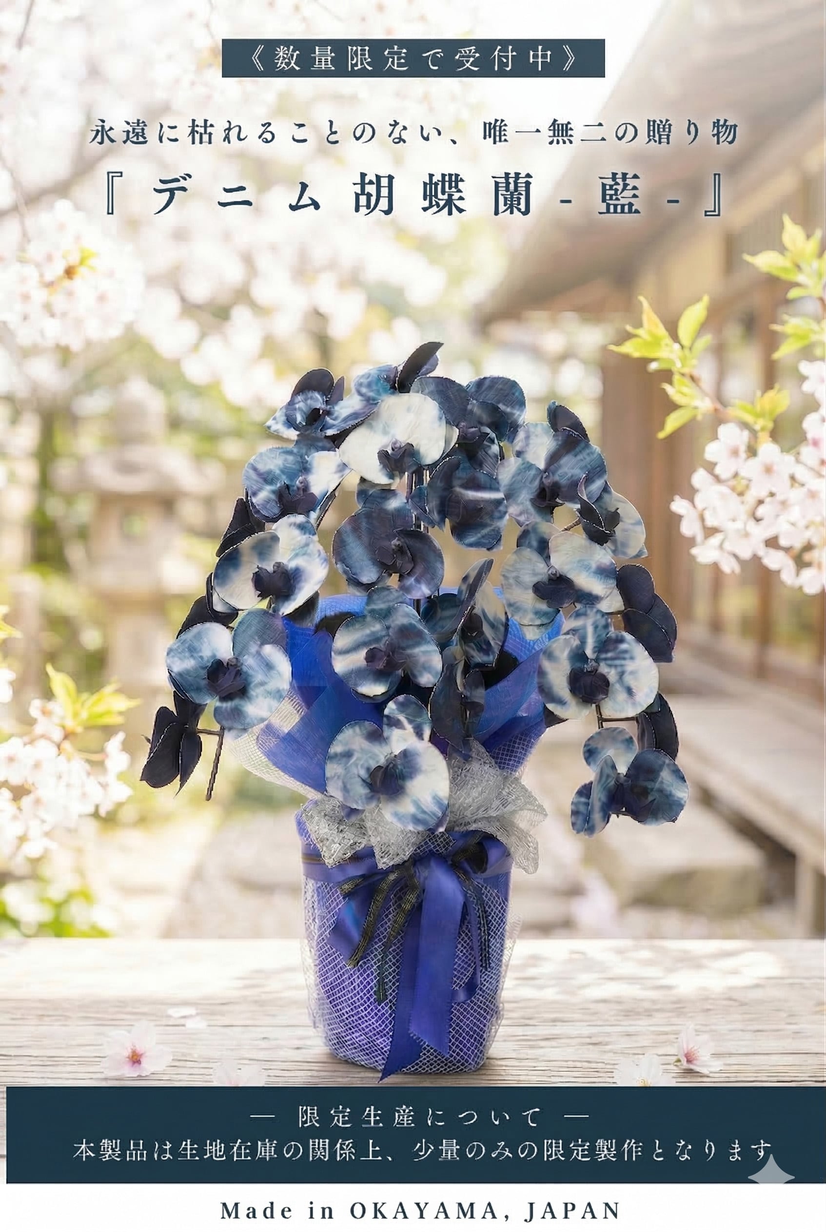 【受注生産|デニム胡蝶蘭】 -藍- 3本立ち <受注生産品>