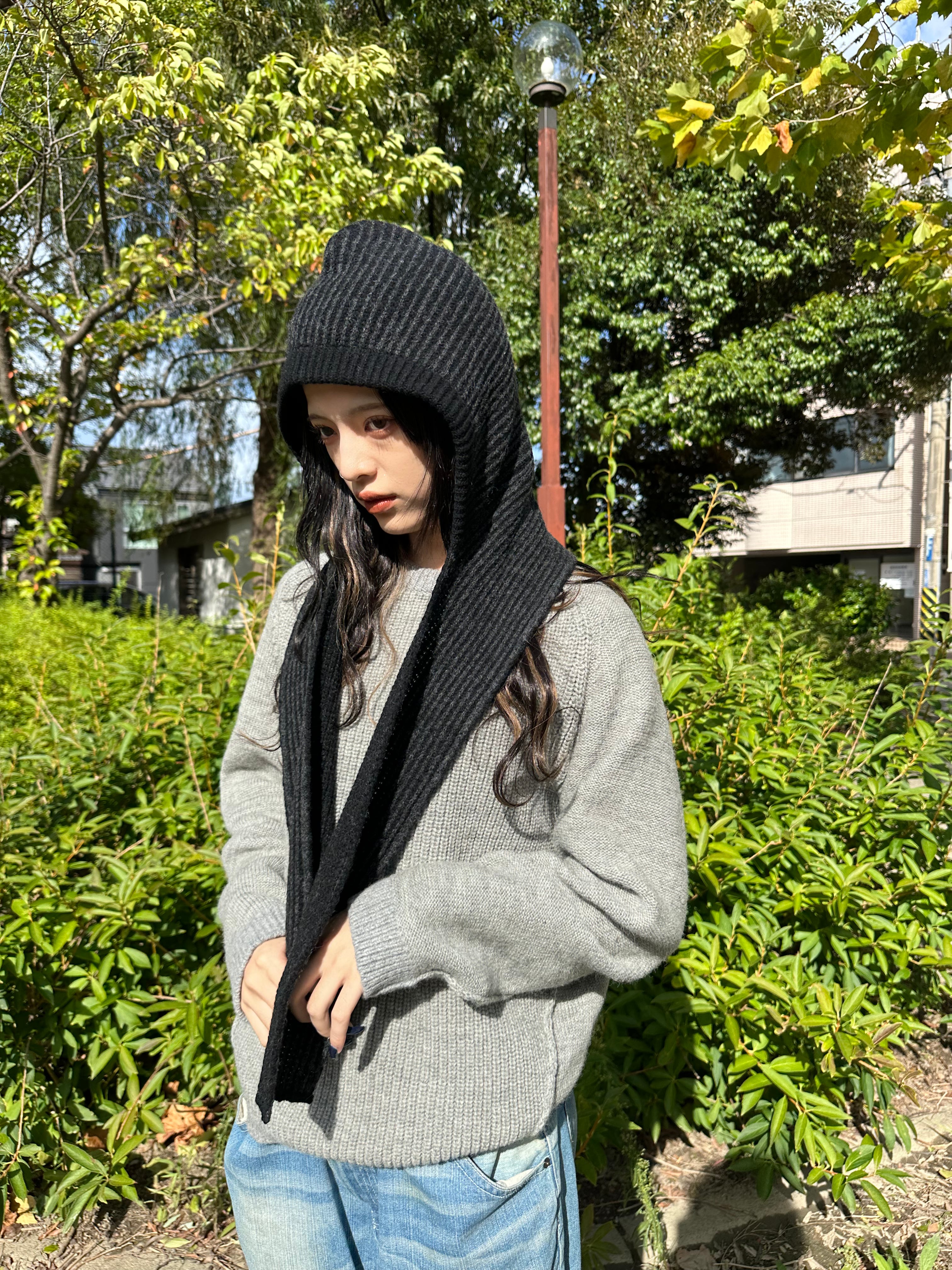 はろーはろーami フード付きニット ブラック ニットフードプルオーバー