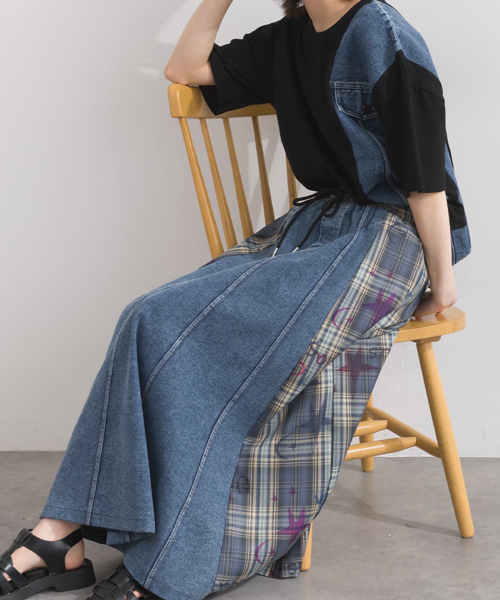 D54044 【体型カバーデニムシリーズ】 デニム×チェック切替スカート