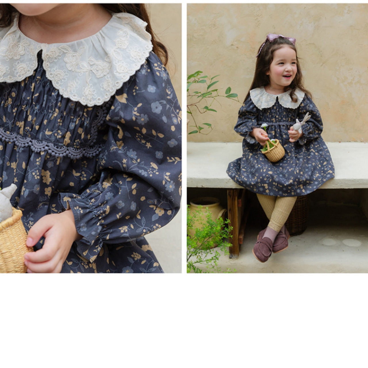 秋レトロ花柄レースカラーワンピース3色