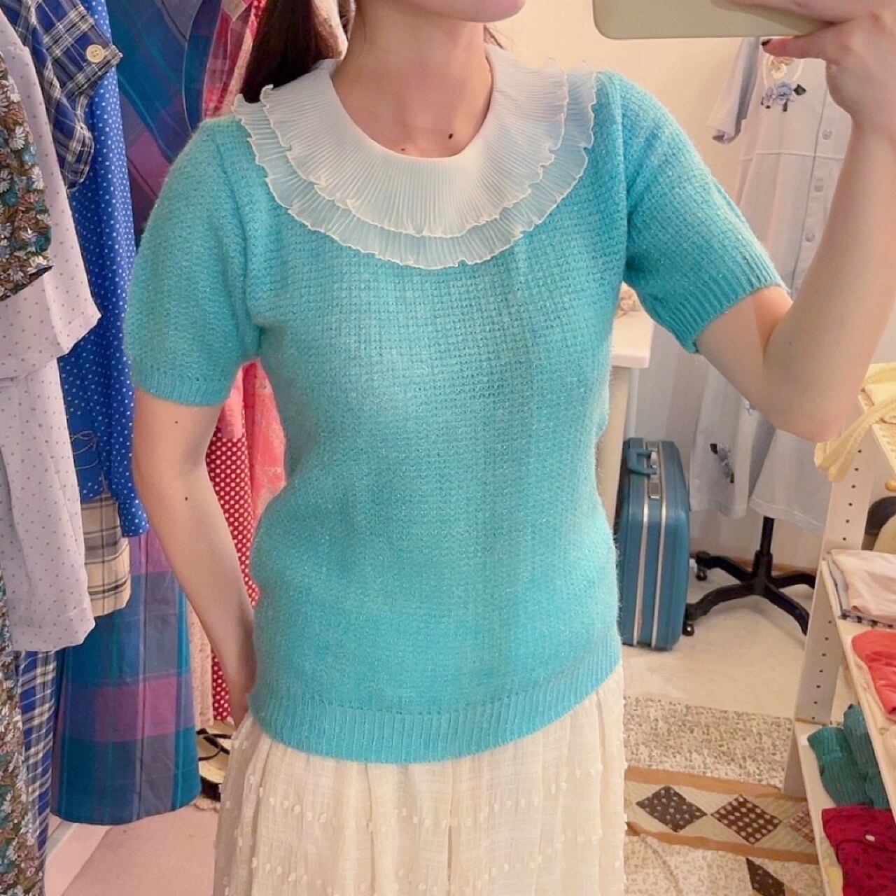 pleats collar peacock green knit po