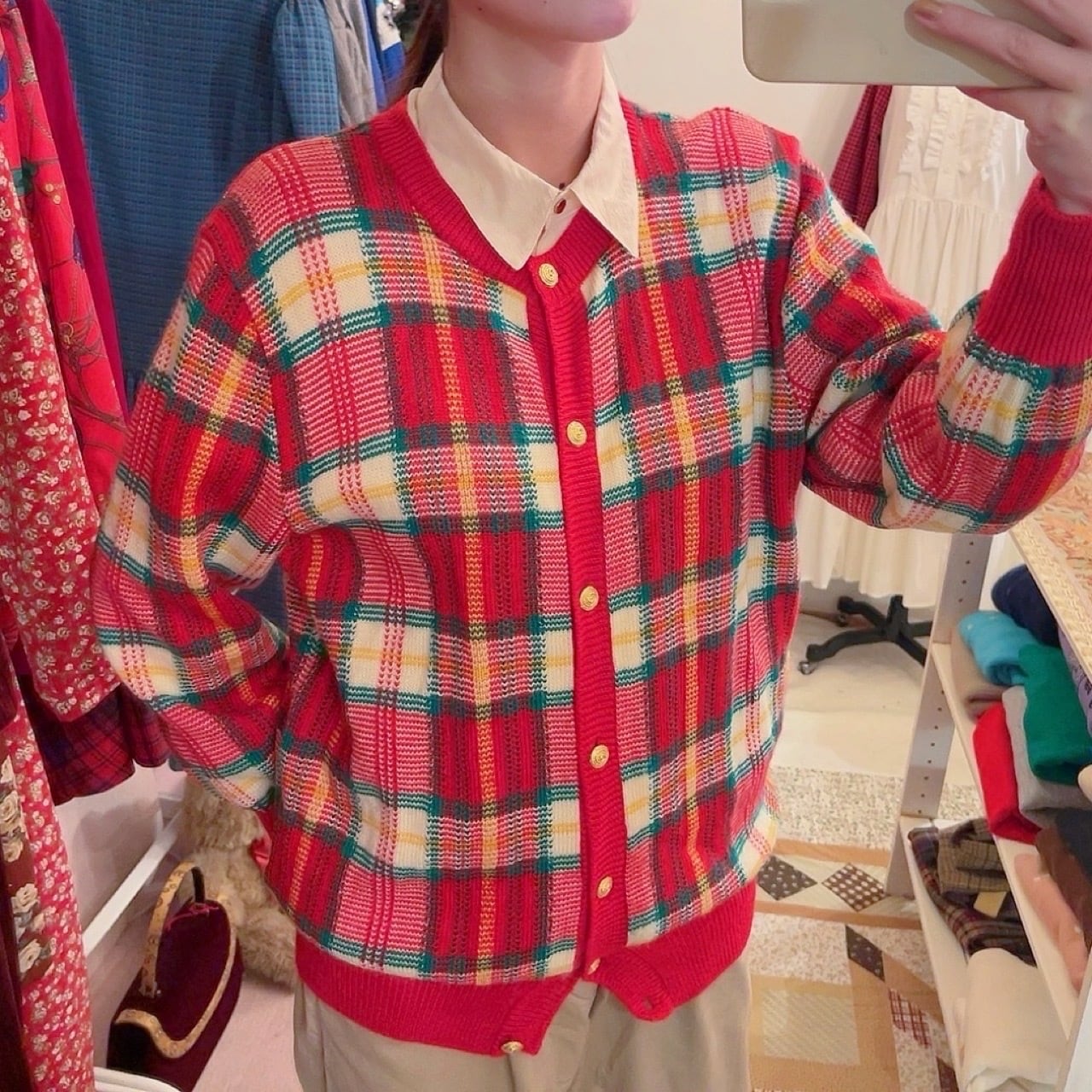red green check knit cardigan