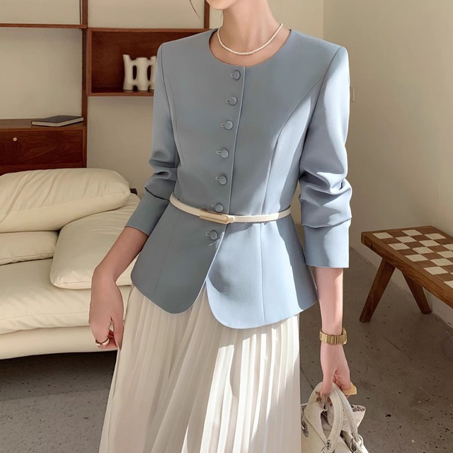 フレア ノーカラー ジャケット-ベビーブルー