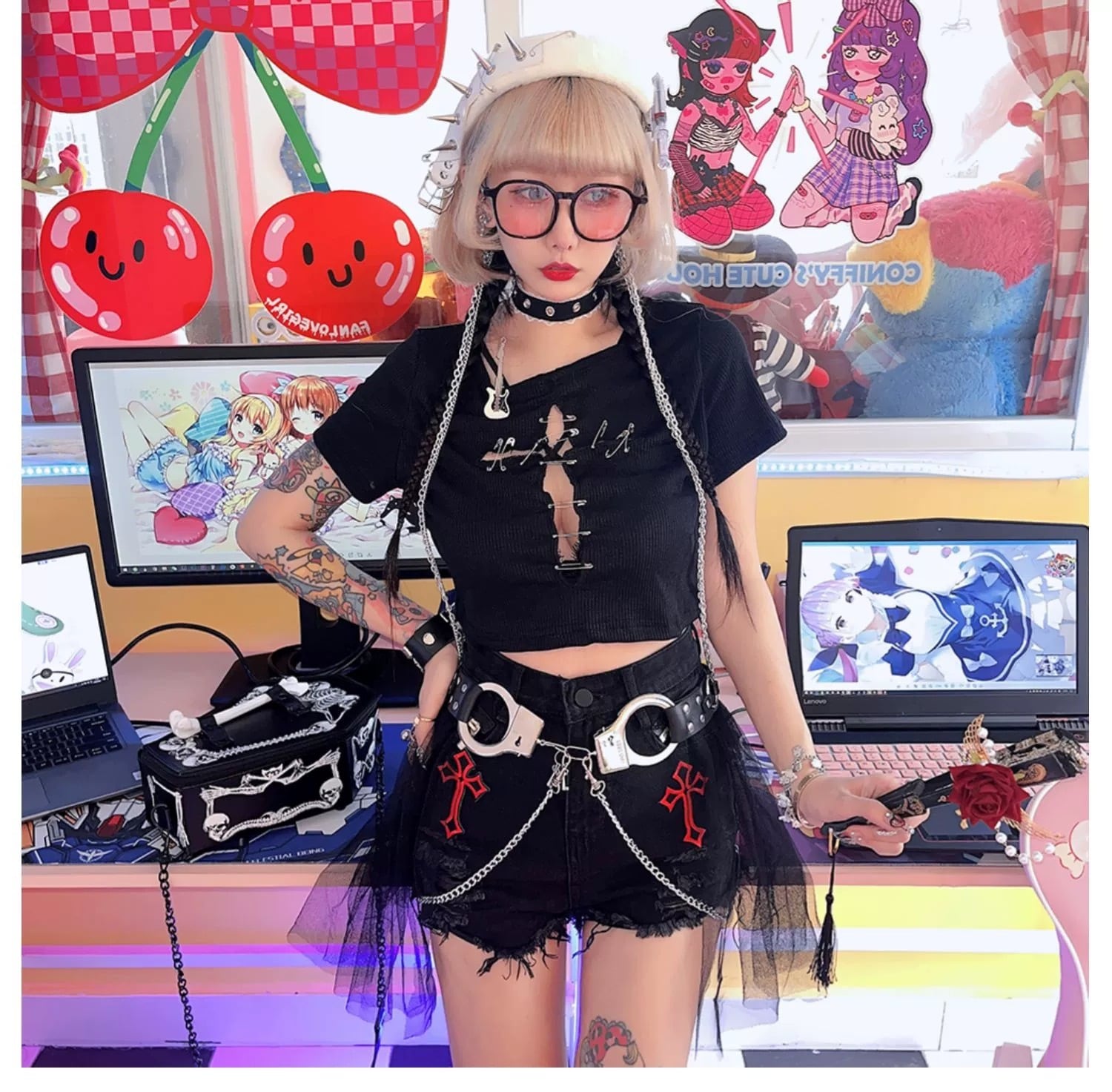 病みかわいい クロス十字架ショートパンツ ゴスロリ 病みかわいい 地雷